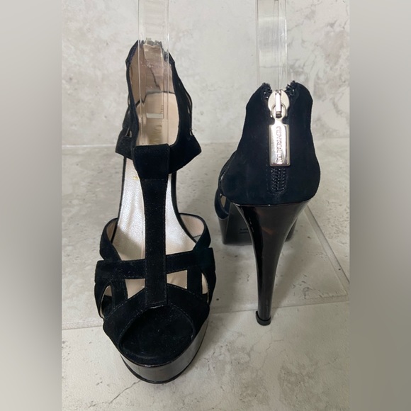 Vintage Bruno Magli Black Suede Open Toe Stiletto Platform Heels Sz 37& 1/2 US 7 - Picture 8 of 14